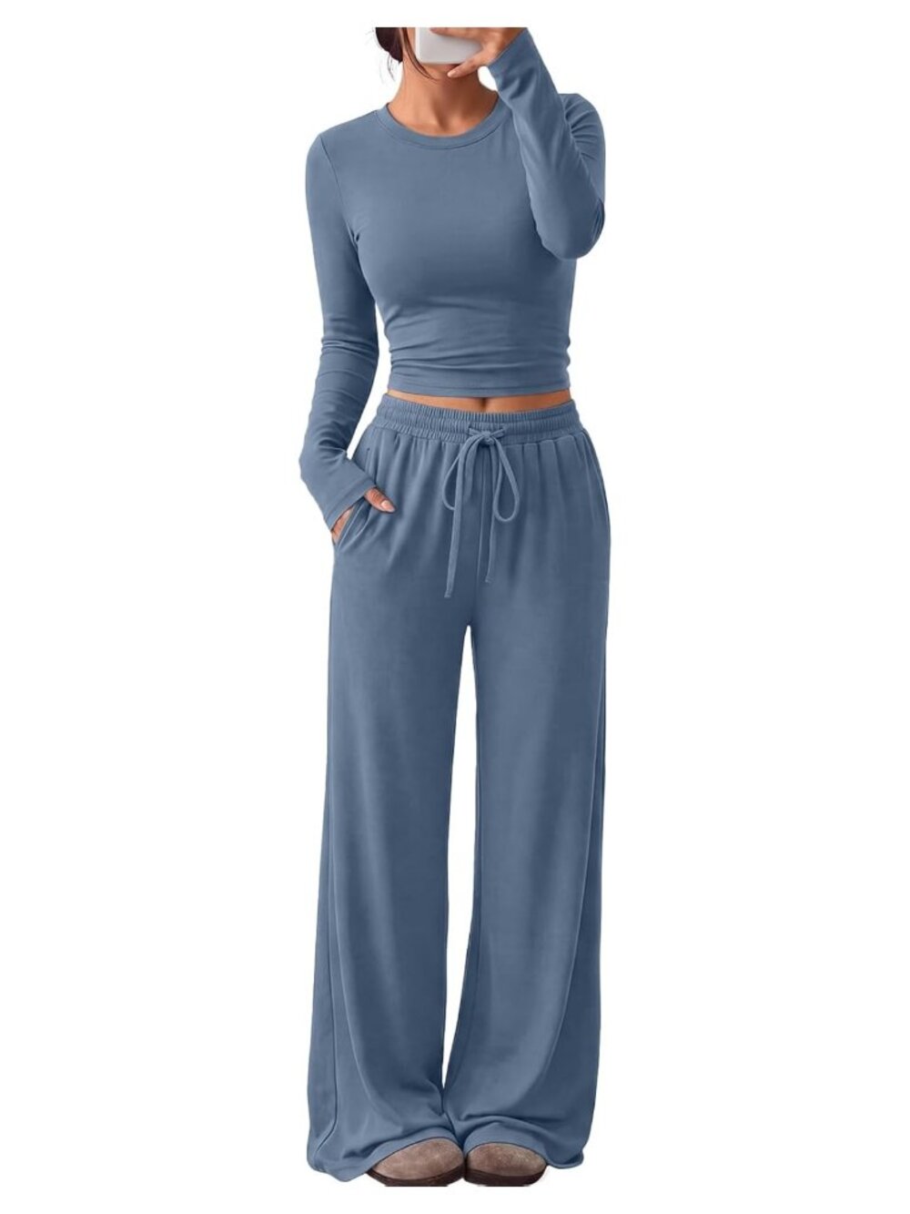 Women's 2 Piece Lounge Set Rayon Spandex Long Sleeve Wide Leg Pants Pockets